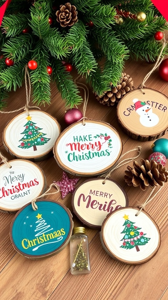 DIY Christmas Ornaments on Wood Slices Handmade Christmas ornaments on wood slices with festive designs, twine, and embellishments on a rustic table.